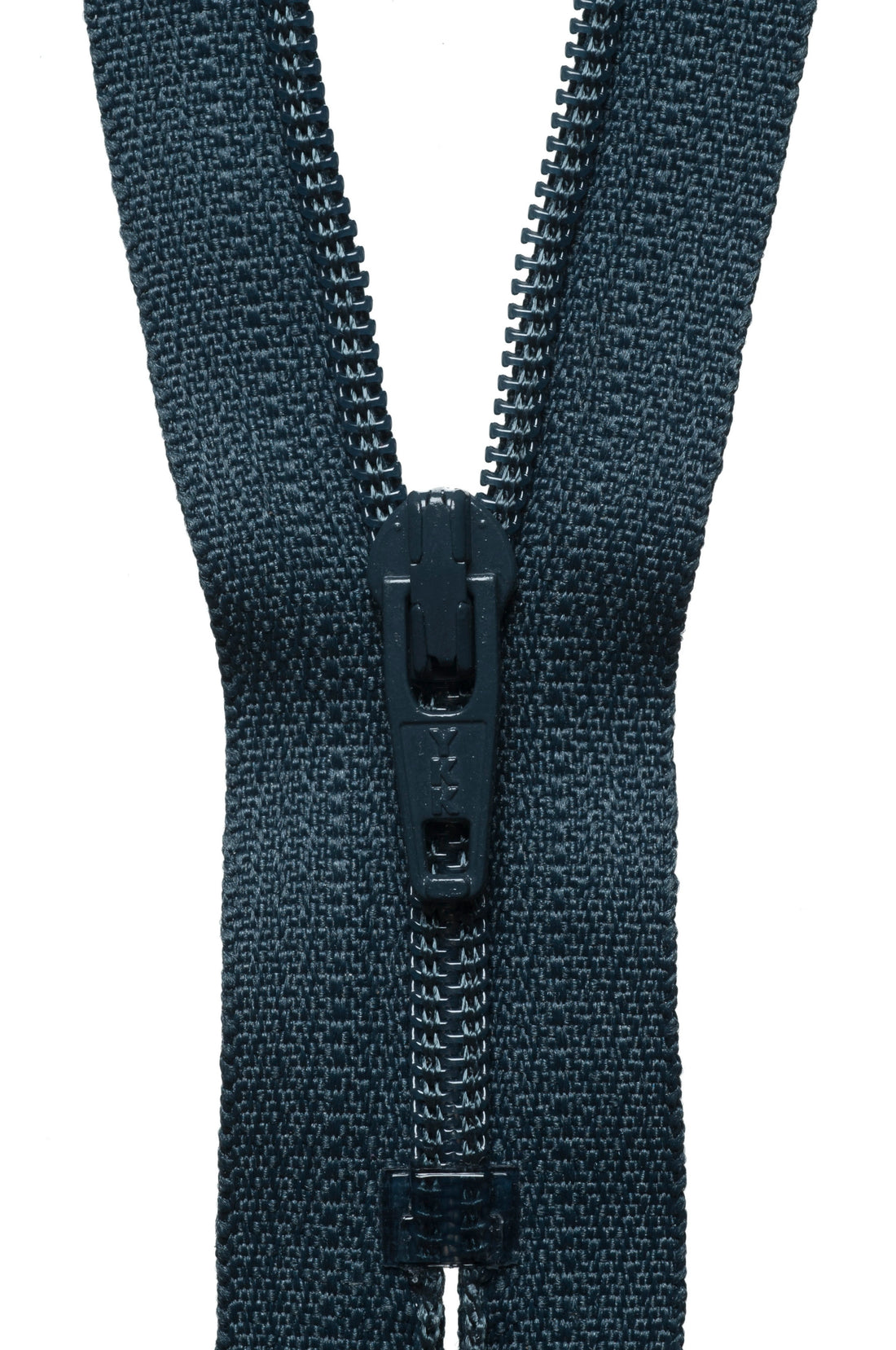 Close-up of a dark charcoal gray nylon zipper with a black metal pull tab, shown against a solid white background.