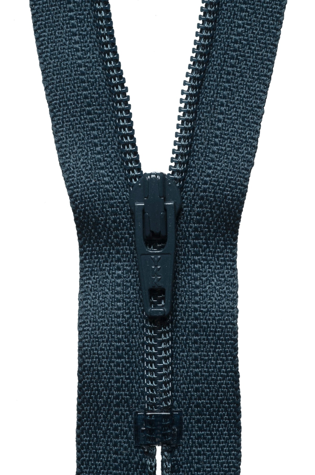 Close-up of a dark charcoal gray nylon zipper with a black metal pull tab, shown against a solid white background.