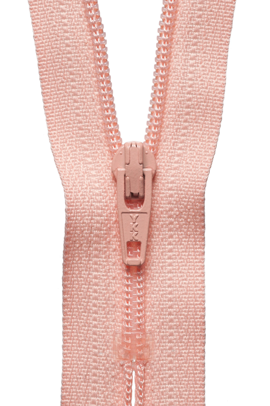 A close-up of a light pink zipper with a matching pull tab, set against a solid white background.