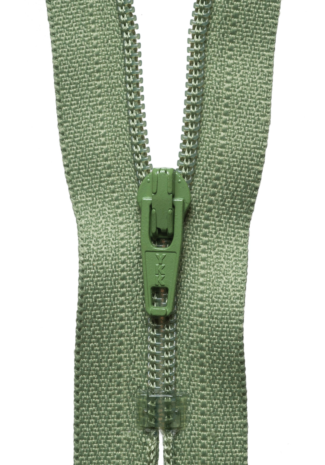 An olive green zipper with a matching metal pull tab, shown vertically against a plain white background.