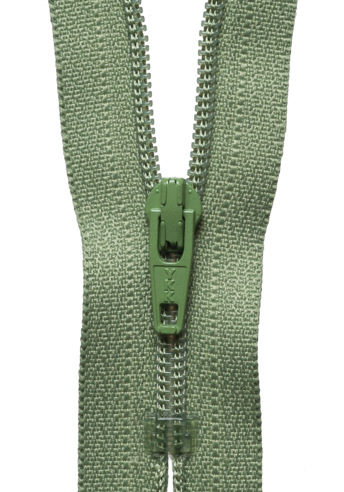 An olive green zipper with a matching metal pull tab, shown vertically against a plain white background.