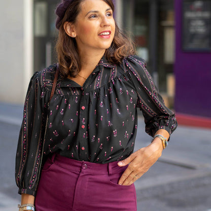 Bloom Everyday Stripes viscose fabric shown flat with clear view of repeating pink and mustard floral stripe design