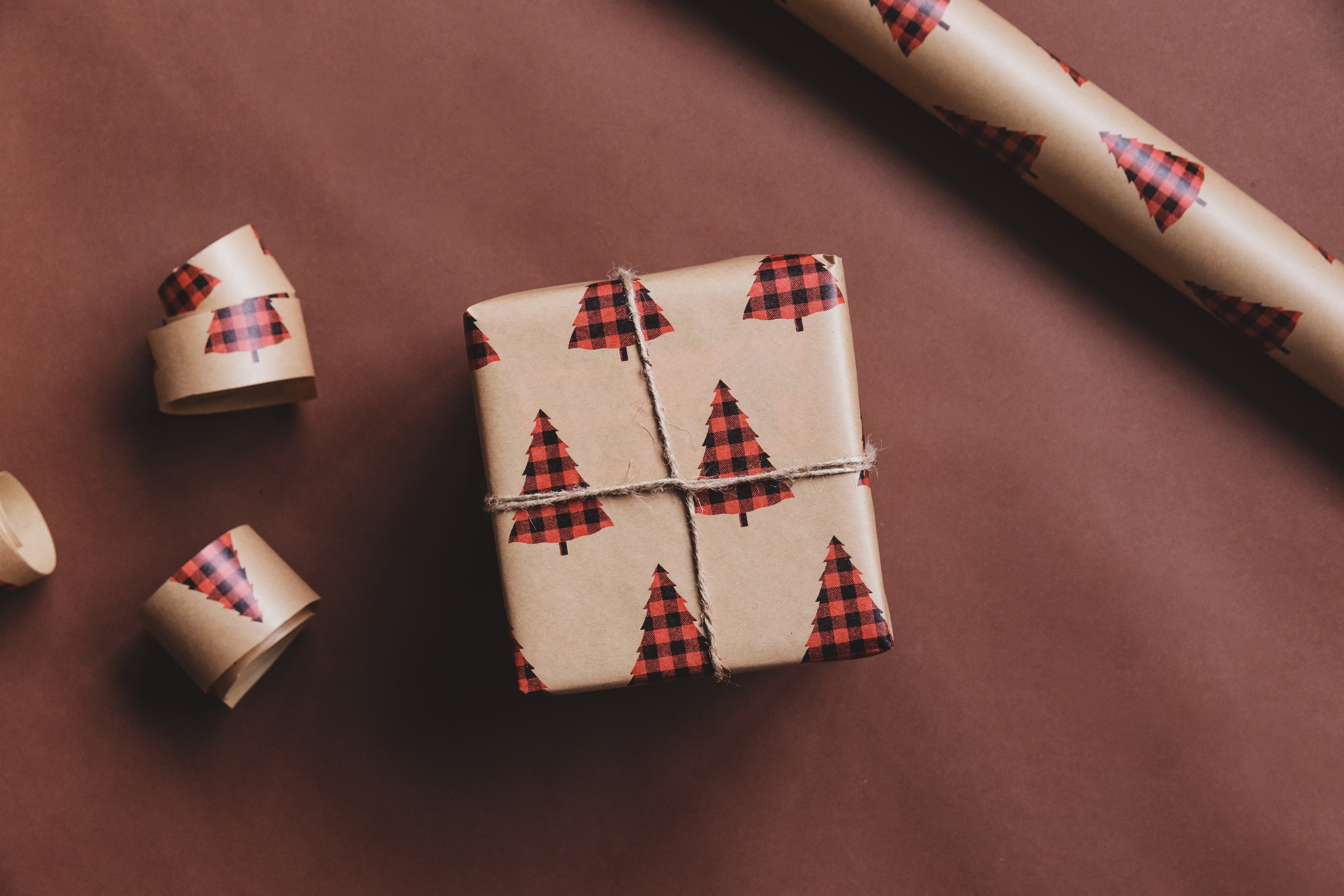 a present wrapped in gingham christmas tree themed wrapping paper, tied with kraft thread sits in the middle. Surrounded by the wrapping paper