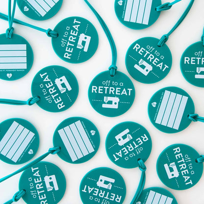 Off to a Retreat - Sarah Hearts - Luggage Sewing Themed Tag - sewecofabrics