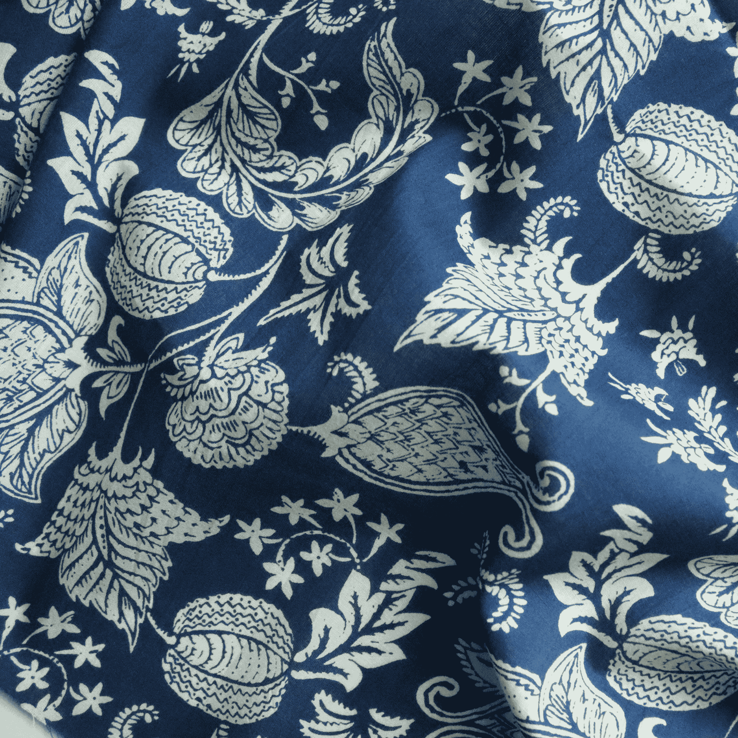 Cream on Indigo in Block Printed Cotton Fabric
