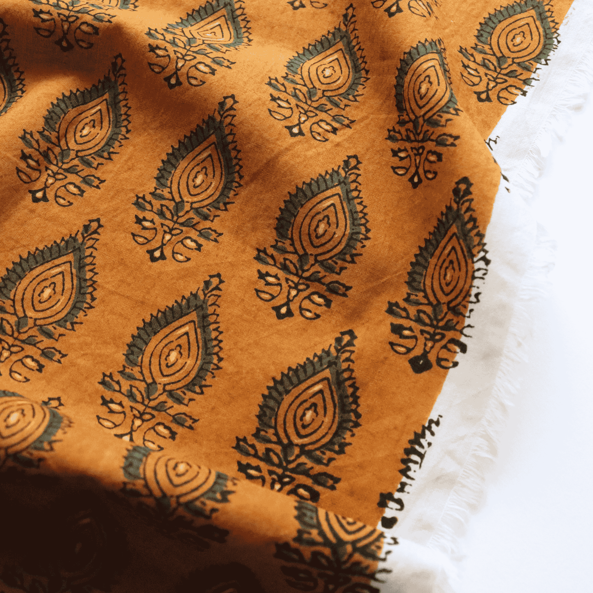Green on Ochre in Block Printed Cotton Fabric