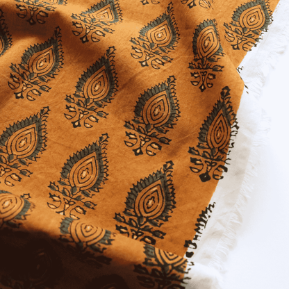 Green on Ochre in Block Printed Cotton Fabric