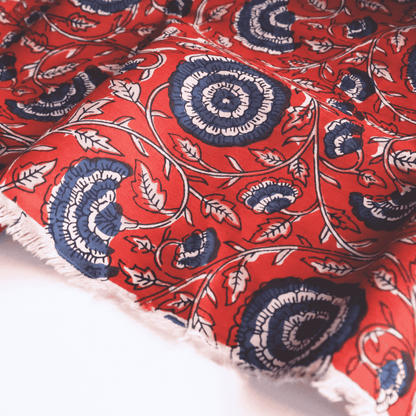 Red Floral Indian Block Printed Cotton Fabric