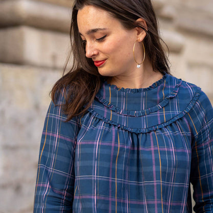 Close-up of handmade blouse in Silhouette viscose showing the gathered yoke and soft check print.