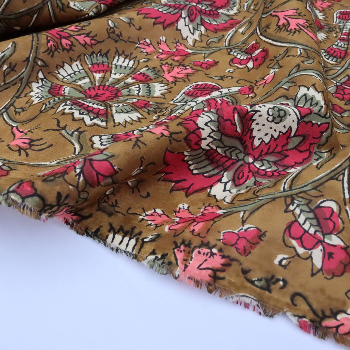 Wine On Olive Floral - Indian Block Print Cotton - sewecofabrics