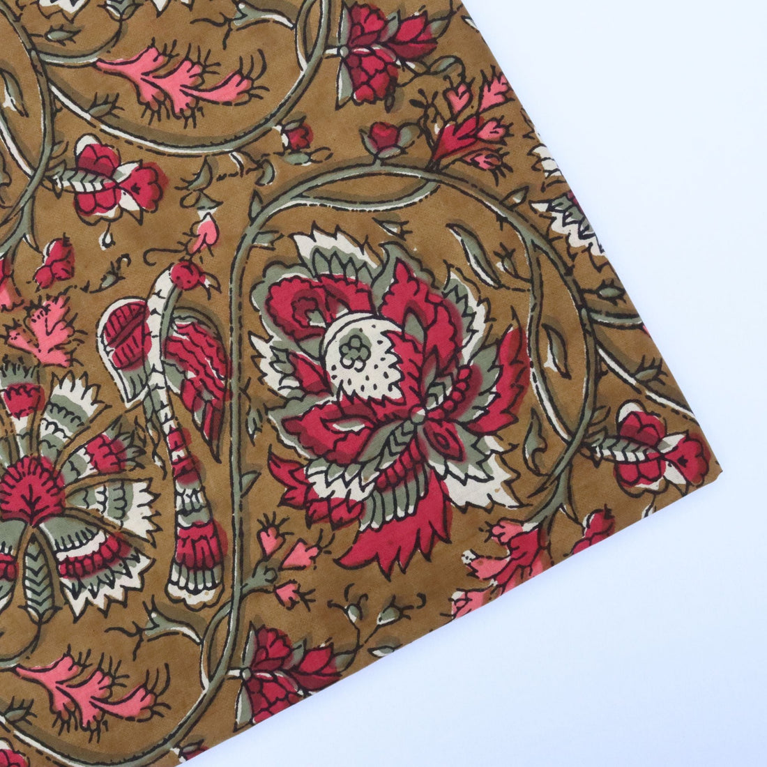 Wine On Olive Floral - Indian Block Print Cotton - sewecofabrics