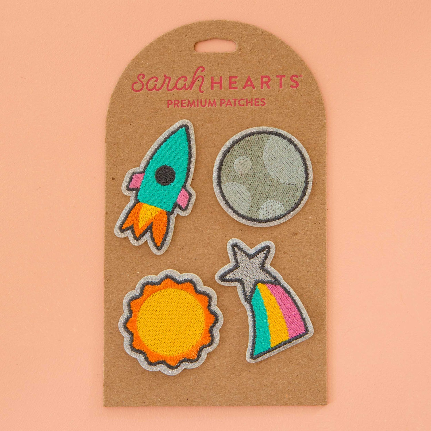 Sarah Heart Space Glitter Sewing Patches - four patches, Rocket, Moon, Sun and Star Rainbow