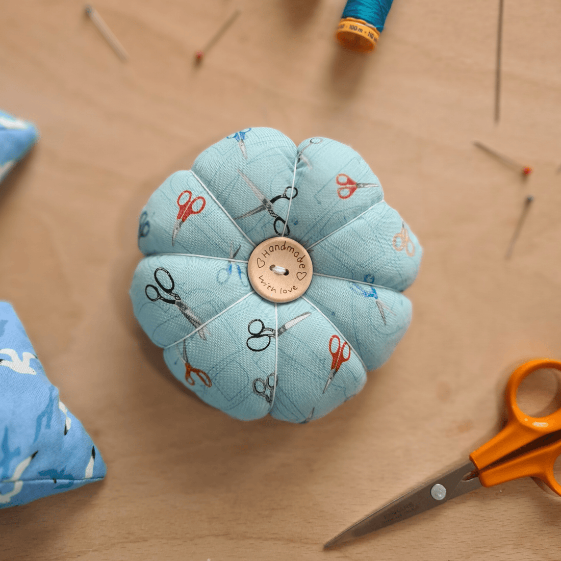 Pin Cushion - Recycled &amp; Handmade - Blue Scissors - sewecofabrics