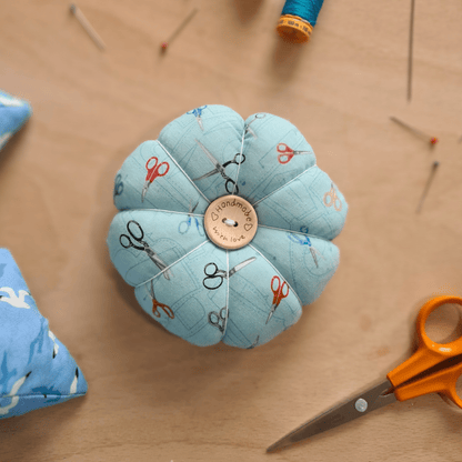 Pin Cushion - Recycled &amp; Handmade - Blue Scissors - sewecofabrics