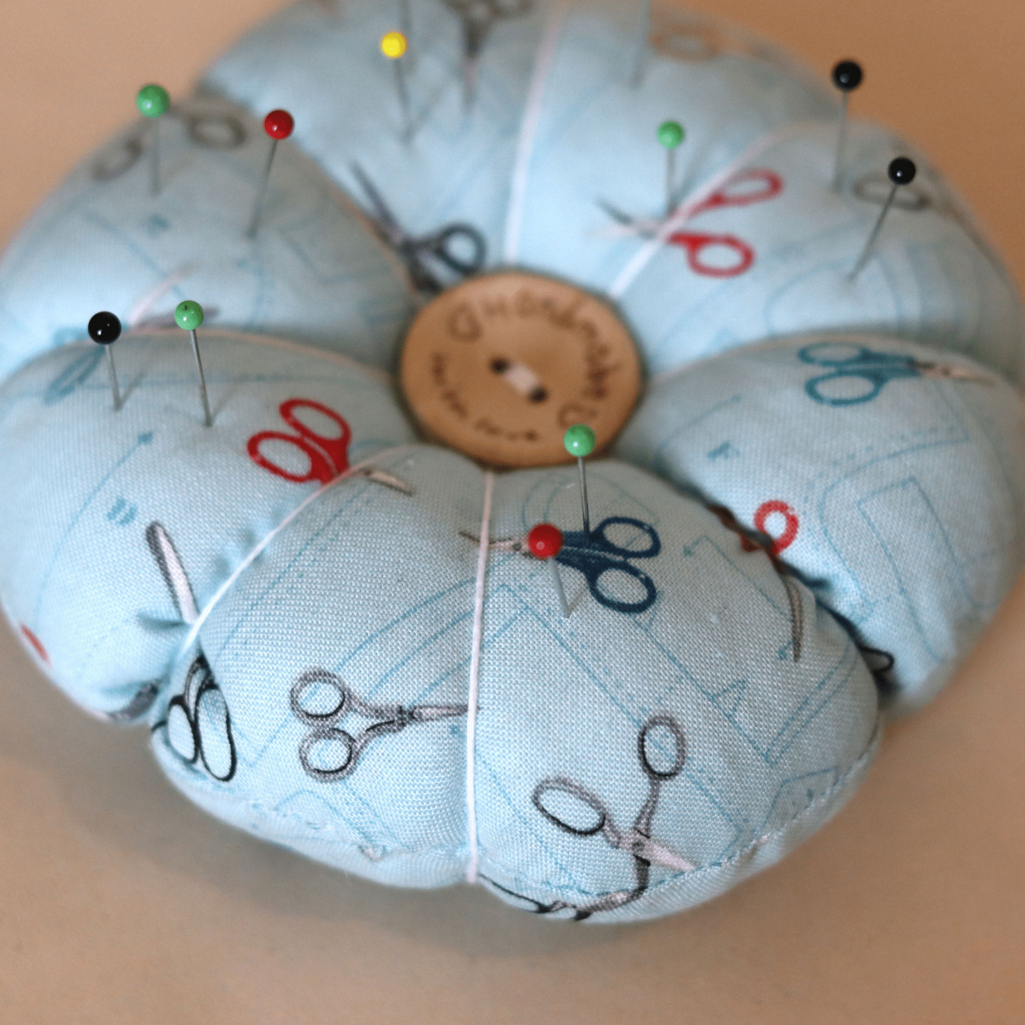 Pin Cushion - Recycled &amp; Handmade - Blue Scissors - sewecofabrics