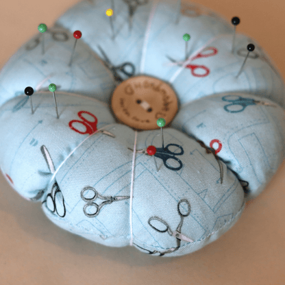 Pin Cushion - Recycled &amp; Handmade - Blue Scissors - sewecofabrics