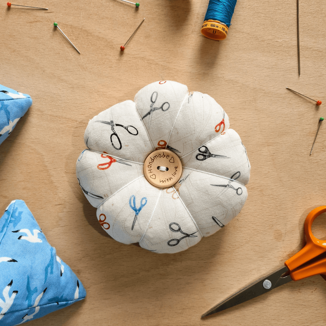 Pin Cushion - Recycled &amp; Handmade - White Scissors - sewecofabrics