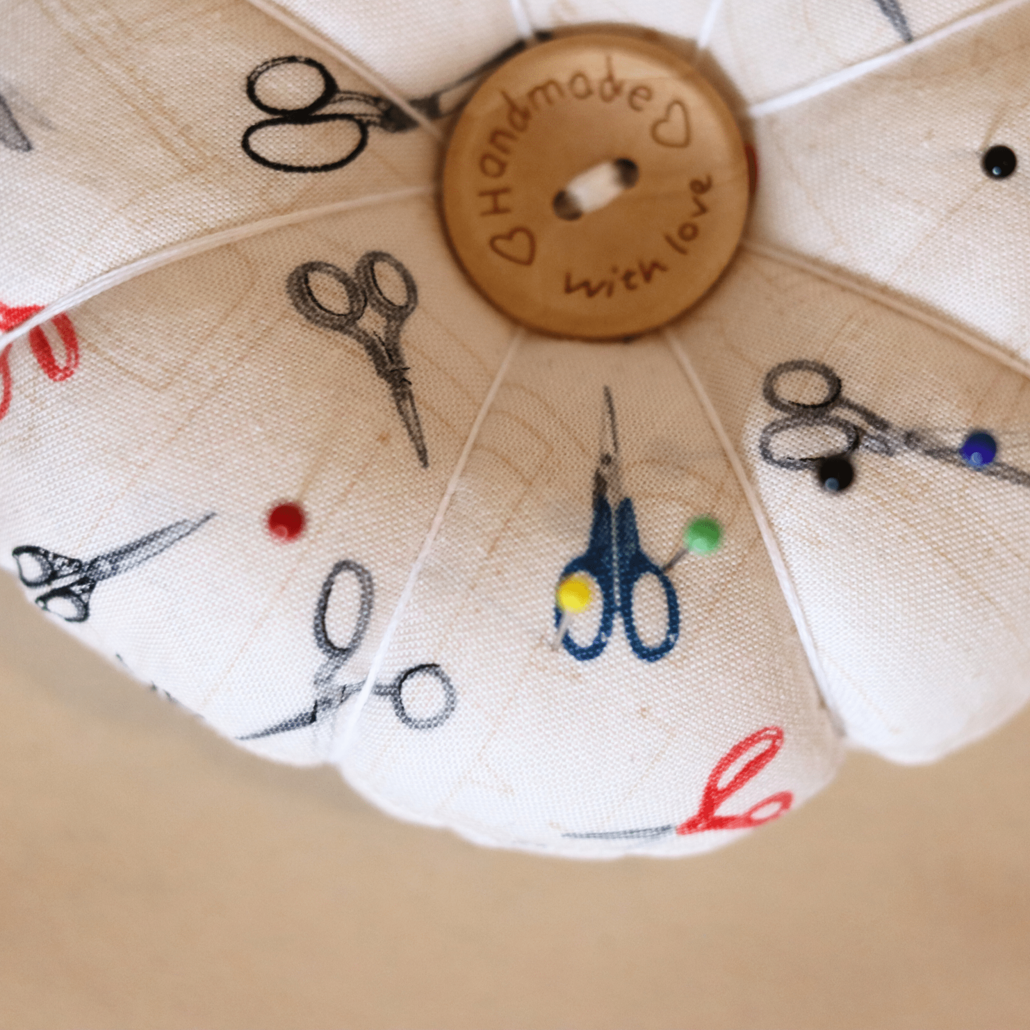 Pin Cushion - Recycled &amp; Handmade - White Scissors - sewecofabrics